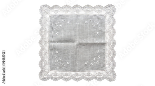 Quadro su tela Square white linen handkerchief with embroidered flying birds and wide lace bord