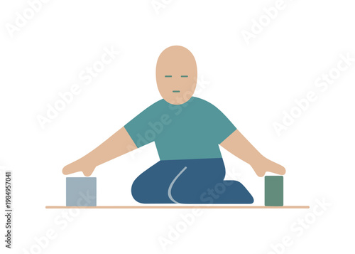 Human aligning two simple work elements into a straight line, testing coordination as a new strategy begins to take shape.