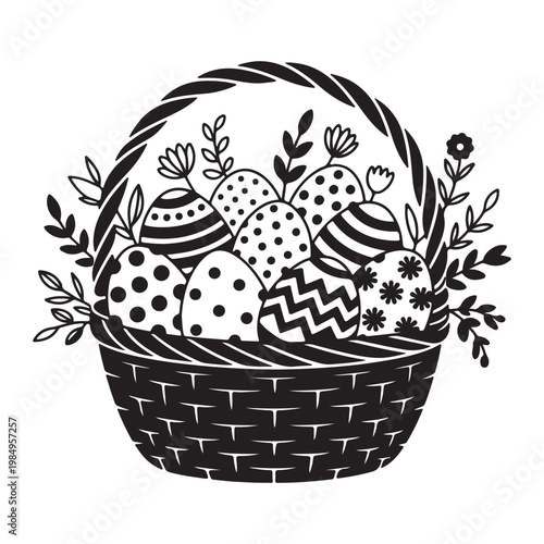 Easter Basket with Decorative Eggs – Black and White Line Art Vector Illustration