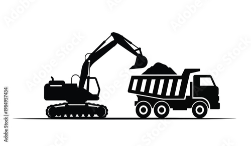 A stark black silhouette depicts an excavator actively loading a large dump truck with material showcasing construction machinery silhouette high quality professional detailed modern