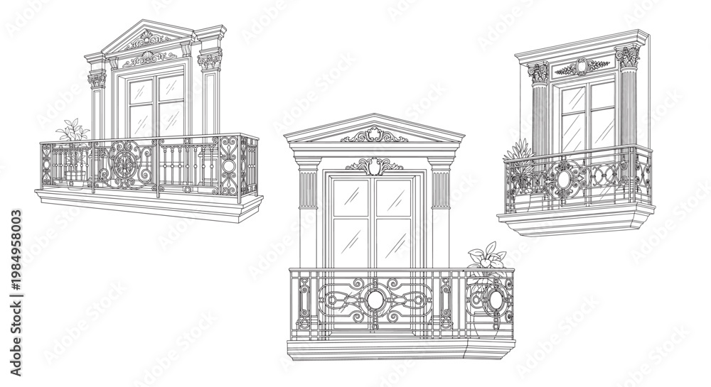 Fototapeta premium Ornate Vintage Balcony Windows and Decorative Architectural Facade Sketches in Classic European Style