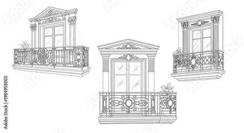 Ornate Vintage Balcony Windows and Decorative Architectural Facade Sketches in Classic European Style