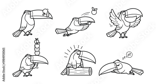 Cute Toucan Bird Cartoon Character Set — Hand-Drawn Outline Vector Illustrations in Playful Poses