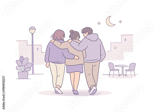 Friends enjoying city life in an early evening moment, walking slowly and staying close in shared silence, minimalist flat vector