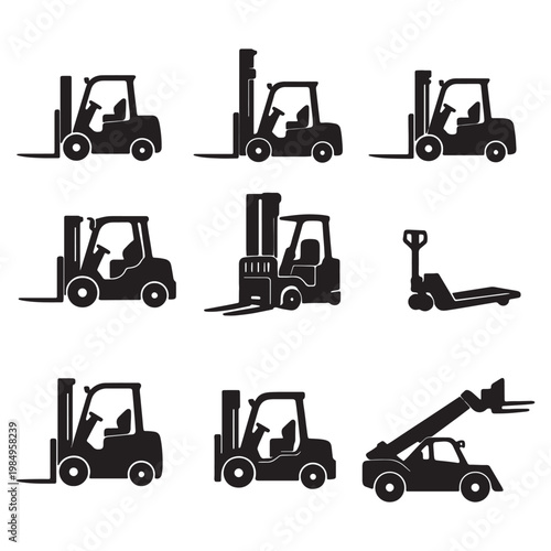 Black silhouette icons of forklifts, telehandler and pallet jack representing warehouse operations, logistics, material handling and industrial equipment.