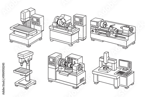 Set Of Industrial CNC Machines, Lathes And Workshop Equipment Line Art Illustration For Manufacturing