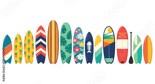 Colorful Surfboard Lineup On White Background - Summer Beach Surfboards And Paddleboard Collection