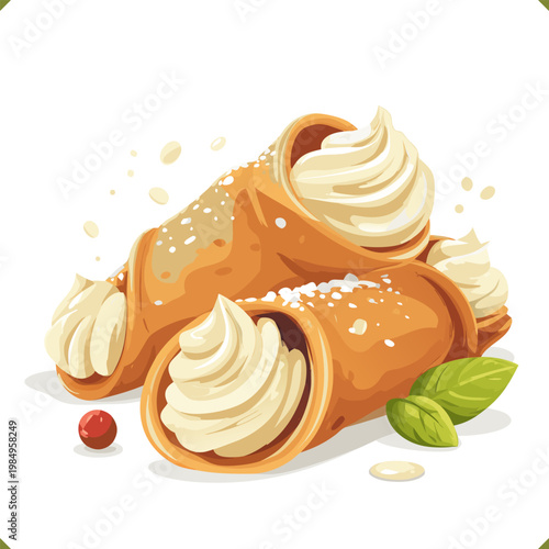 Vector illustration of sweet cannoli pastry filled with ricotta cream and mint garnish isolated on a white background