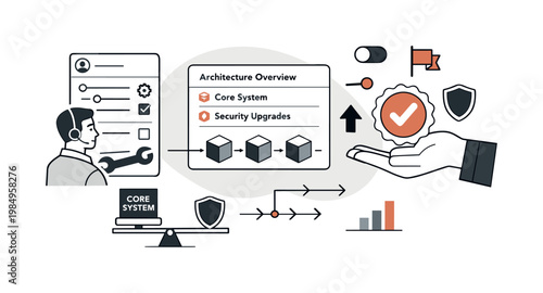 Innovative Banking Design. Modern minimal flat vector conceptual collage, crisp hard edges, consistent THIN outline stroke,