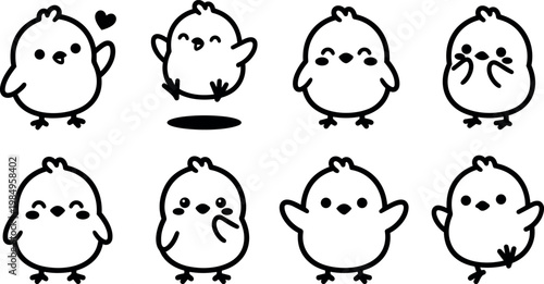 Cute black and white round chick characters set with various expressions vector art