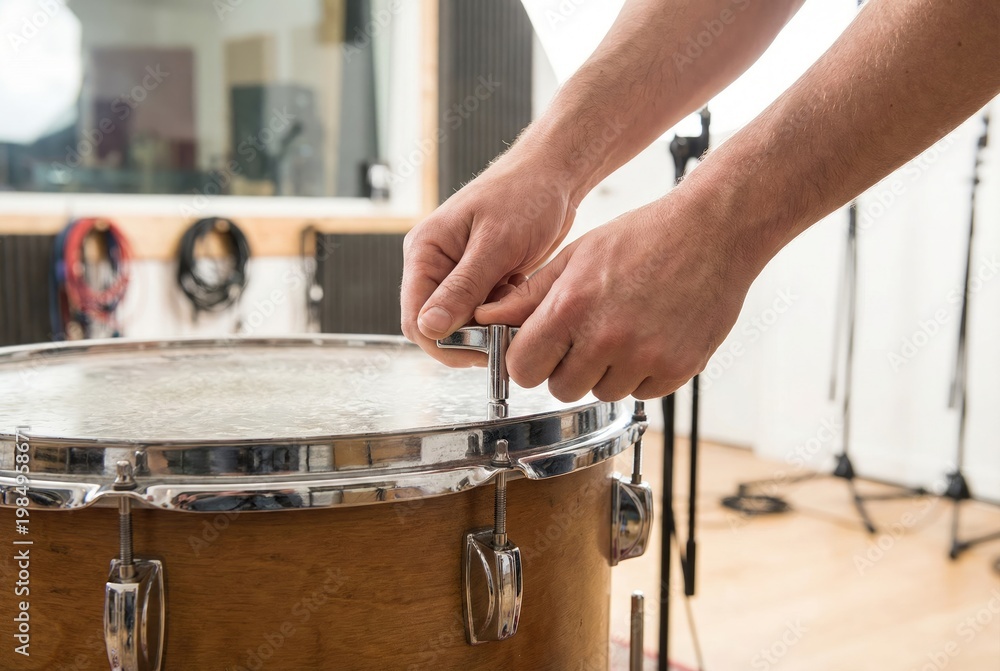 Fototapeta premium Musician using a metal drum key to tune the tension rods of a wooden snare drum in a recording studio