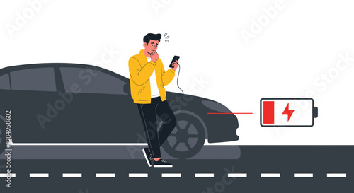 Man stressed by electric car battery low charge, roadside emergency