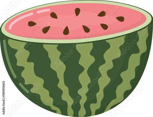 Illustration of half ripe watermelon with pink pulp, brown seeds and green rind. Piece of summer sweet fruit isolated on white