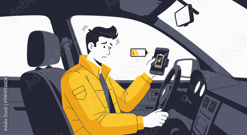 Man stressed about low phone battery while driving, car charging phone