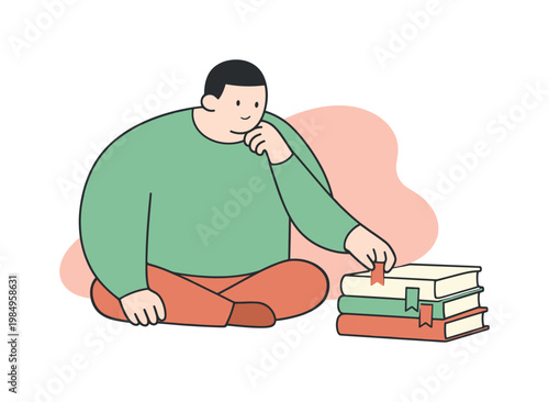 Calm person pauses while placing bookmarks, checking alignment as books lie neatly stacked  person placing bookmarks, reading
