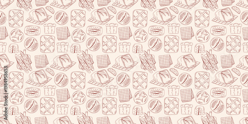 Bread seamless pattern with rustic round bread, baguette and kitchen towel, brown outline doodle flat retro style. Minimalist hand drawn vector background for bakery packaging, isolated on beige