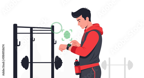 Man using smartwatch in gym, fingerprint scan for fitness tracking and health monitoring