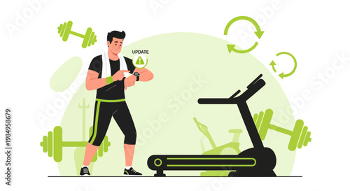 Man using smartwatch on treadmill, fitness tracking, workout, health, exercise, gym
