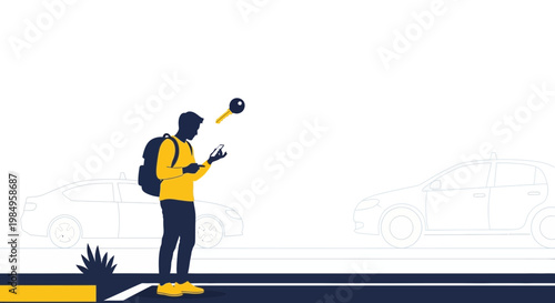 Man with backpack using smartphone for car sharing, key icon above