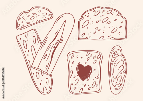 Set of various sliced bread, baguette, toast with chocolate heart, bruschetta with butter, brown outline doodle flat retro style. Minimalist hand drawn vector for breakfast concept, isolated on beige