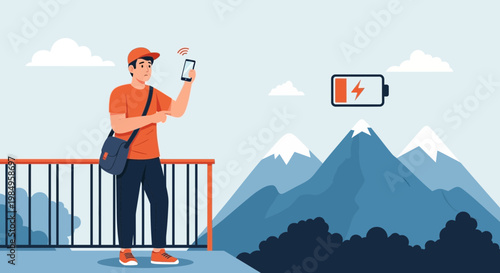 Man with low battery phone in mountains, seeking signal and connection