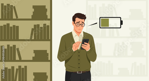 Man with low battery phone in library, stressed about connectivity