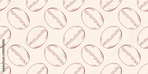 Artisan bread buns seamless pattern, brown outline doodle flat retro style. Minimalist hand drawn vector illustration for bakery branding, cafe menu, wrapping paper, isolated on beige background.