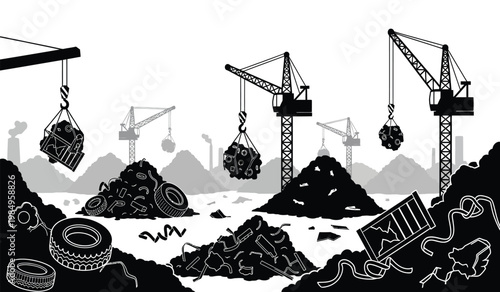 A stark black and white illustration depicts a junkyard scene with multiple cranes scrap metal piles and tires presented as a silhouette high quality