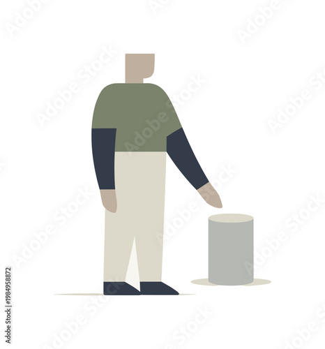 Geometric Human Form. Individual standing beside a single quiet form, acknowledging awareness as attentive simplicity. Stylized