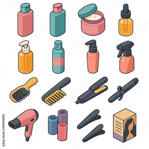 Collection of isometric hair care and styling tools and products