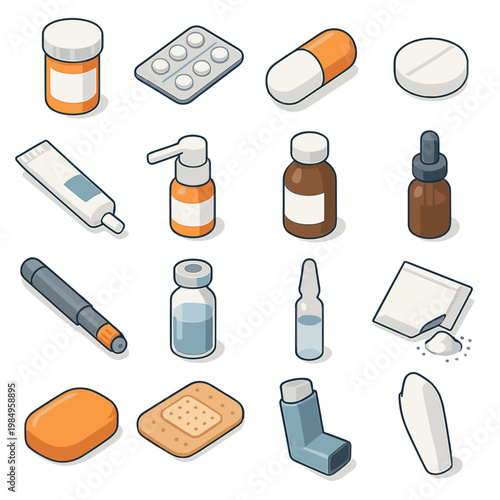 Collection of isometric medical supplies and pharmaceutical items on a white background