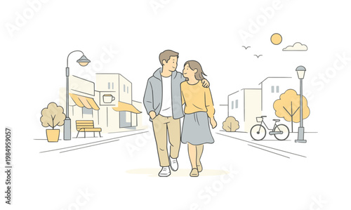 Lovers walking city street on a calm weekend moment, moving slowly and enjoying shared time together, minimalist flat vector