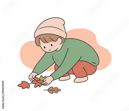 Soft child bends down collecting autumn leaves as hands gather shapes slowly and movements stay gentle  scene of child