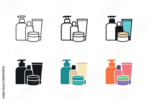 Skincare and cosmetic product icon showing bottles, jars, and tubes neatly arranged to represent personal care items, repeated