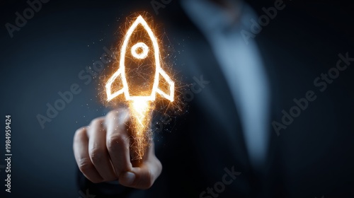 Glowing rocket icon with a businessman’s hand against a dark background.