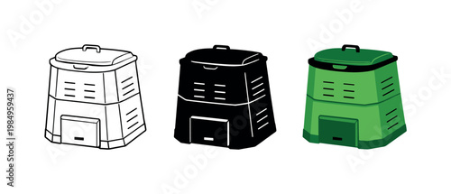 Positive impact achieved with a compost bin featuring a hinged lid and vented sides, identical geometry shown three times