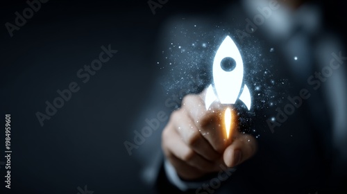 Glowing rocket icon with a businessman’s hand on a dark background.