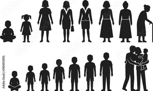 Human life cycle silhouettes showing stages from childhood to adulthood and old age with family figures isolated on white background for design