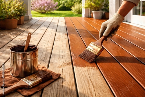 Person applying wood stain to a wooden deck with a paintbrush, paint can and brush resting on a cloth, surrounded by greenery in a residential outdoor setting