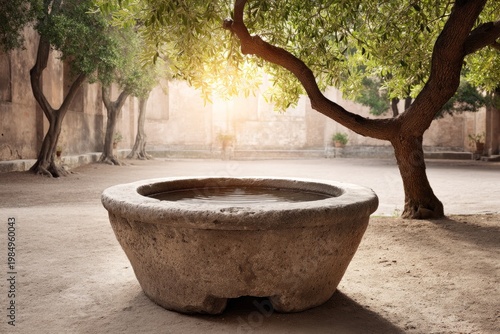 Rustic stone baptismal fountain in an old church courtyard at sunset