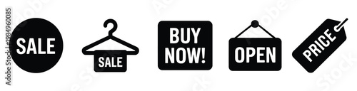 3D sale and shopping promotion tags with buy now and open signs on white background