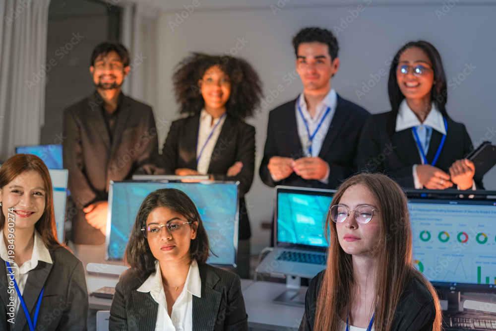 Obraz premium Happy diverse AI security team posing together after successful threat intelligence deployment. Multiethnic DevSecOps experts smiling in a modern glowing SOC during night shift.