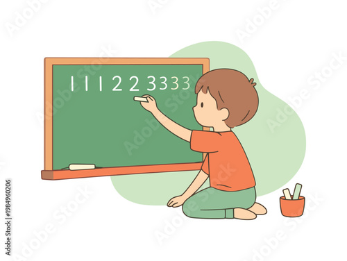 Gentle child practices writing numbers on a board, repeating strokes patiently as confidence builds  scene of child practicing
