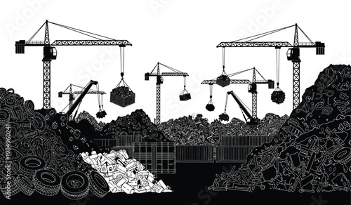 A striking black and white illustration depicts a junkyard scene filled with scrap metal tires and construction cranes presented as a silhouette high quality