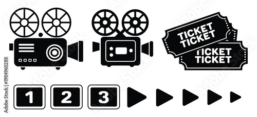 Black and white vintage film camera with ticket roll and numbered countdown icons