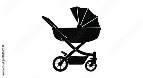 A black silhouette graphic of a modern baby stroller for childcare needs silhouette