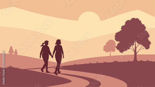 Couple walking hand in hand along a scenic countryside path at sunset