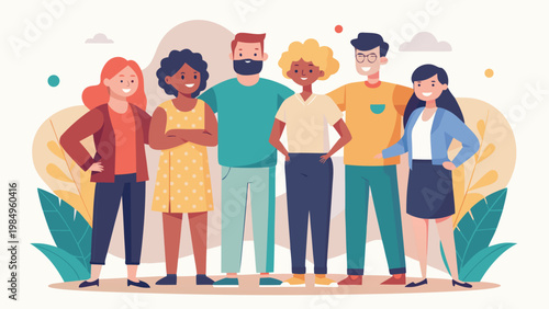 Diverse group of people standing together and smiling happily in unity