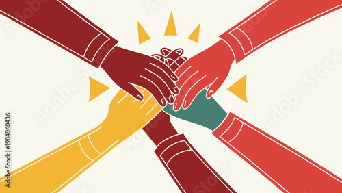 Hands from diverse backgrounds joining together in unity with sunburst effect