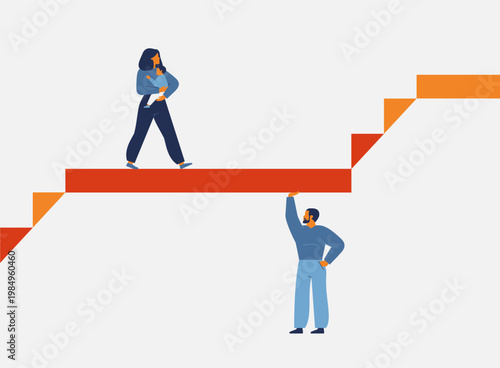 support for women with children from family, government, social. Single mother with baby moving up in Professional promotion in company with help. Vector illustration